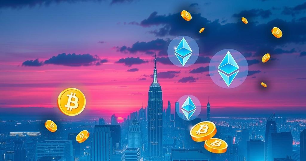 Illustration of digital fraud concept with cryptocurrency symbols and a silhouette of a city skyline during twilight.