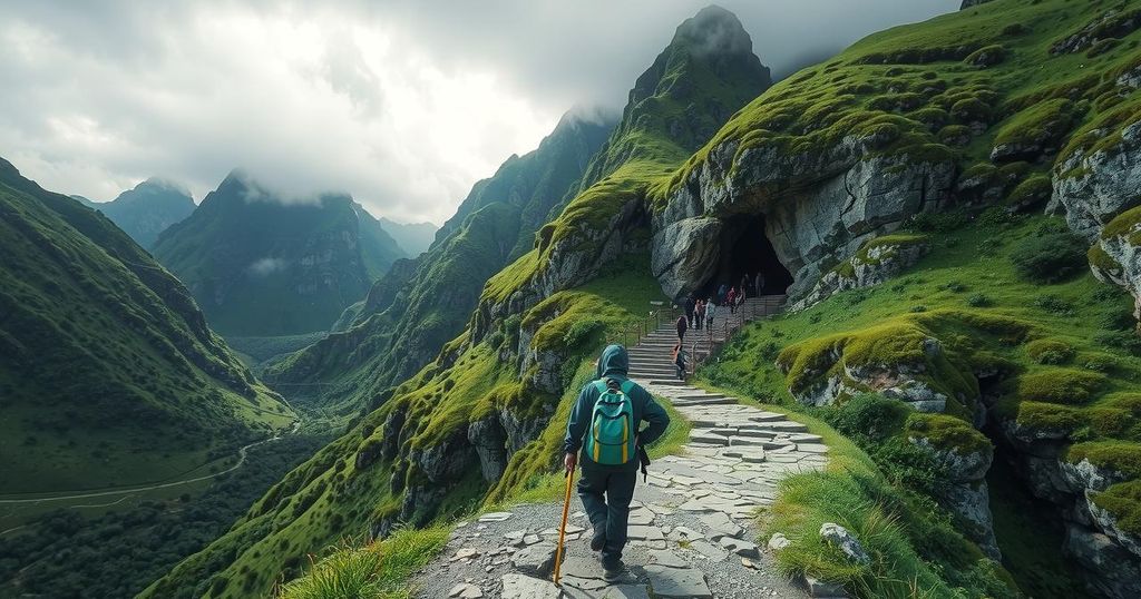 A serene landscape depicting a pilgrimage route, with lush green mountains and a cave shrine under cloudy skies.