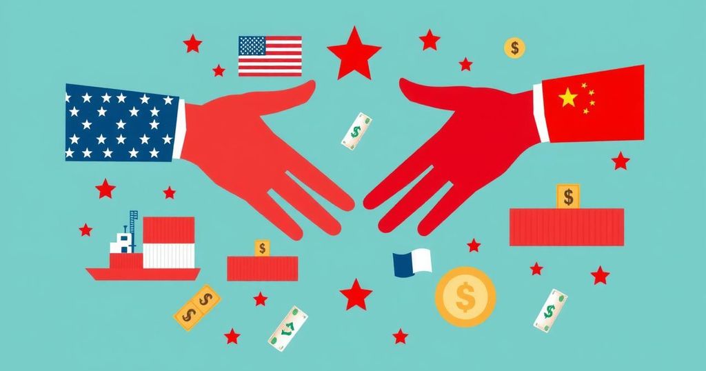 A symbolic representation of U.S.-China relations with drug trade themes, featuring connected hands and a backdrop of trade elements.