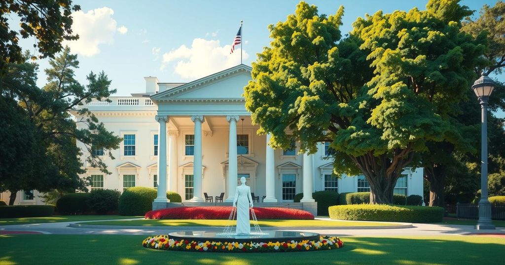 A bright White House with flags flying, surrounded by green trees and blue sky, symbolizing diplomacy and hope.
