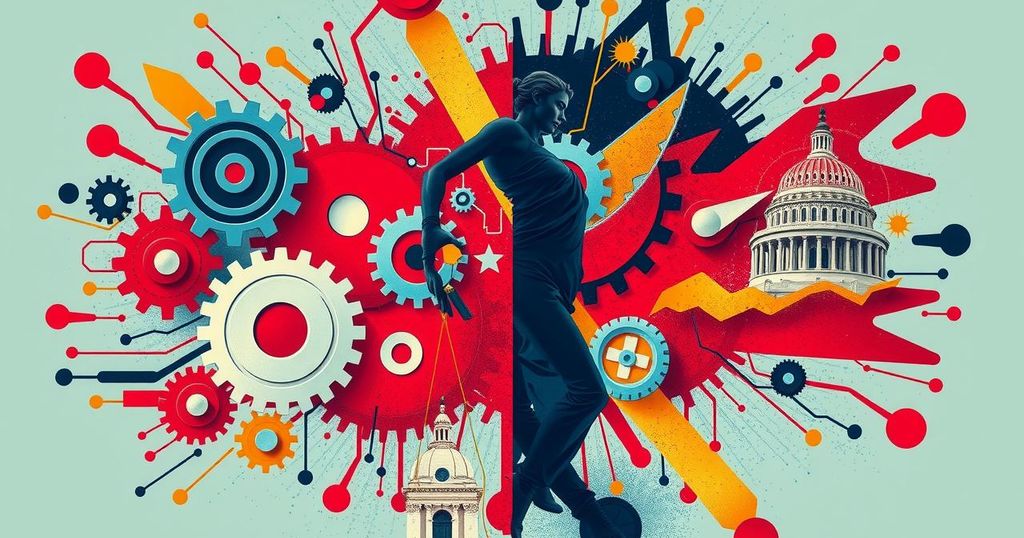A digital artwork depicting a clash of ideas with abstract symbols of technology and politics, vibrant colors.