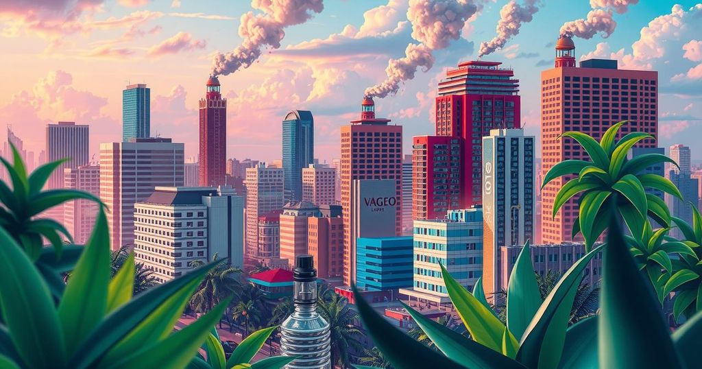 A vibrant cityscape of Lagos with colorful vape pens and clouds of vapor rising among plants, symbolizing vaping culture.