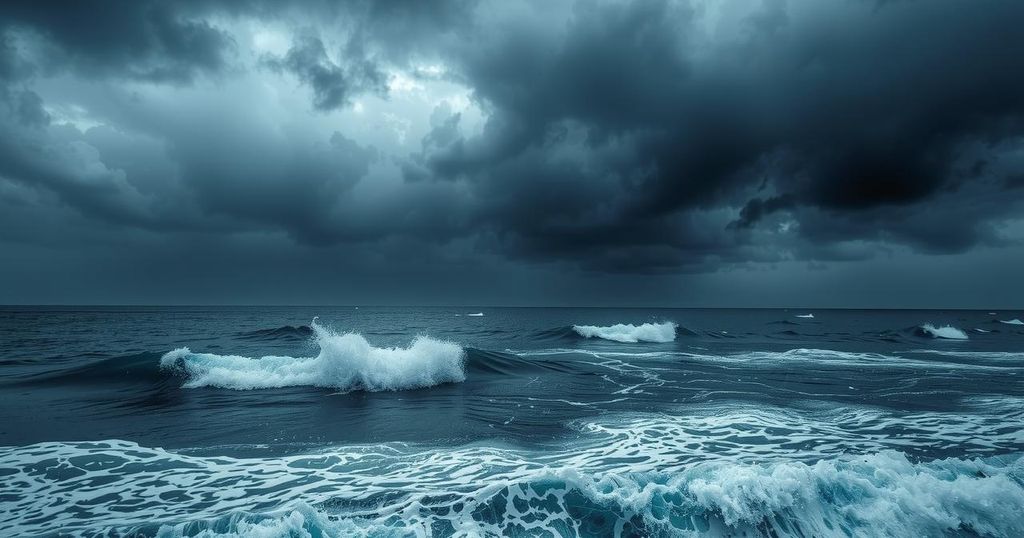 Stormy seas and dark clouds over a coastal landscape, emphasizing heavy rain and strong tides during the monsoon season.
