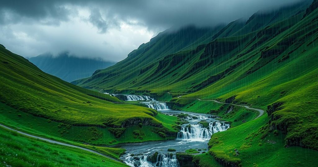 A scenic landscape depicting heavy rainfall in Himachal Pradesh with cascading streams and lush greenery.