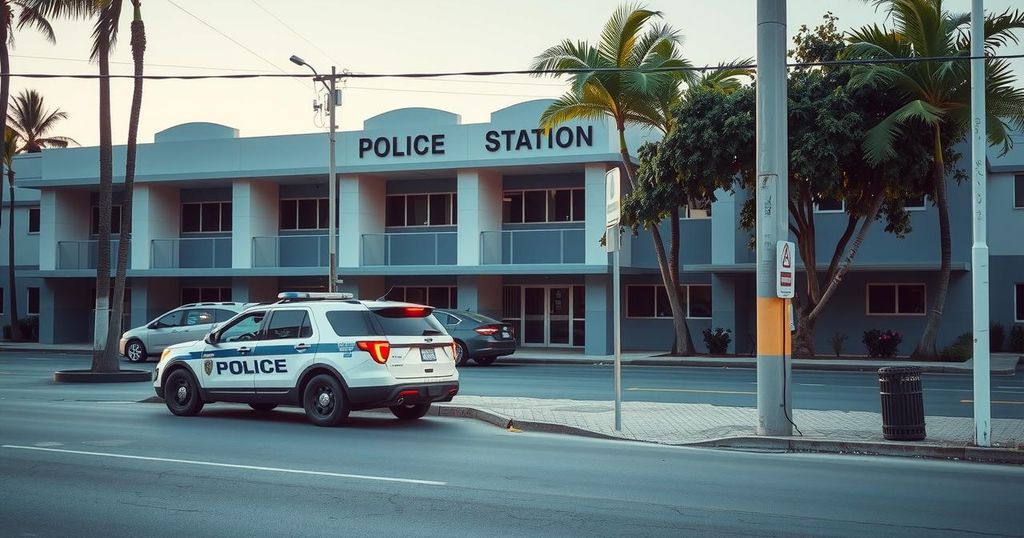 Monrovia police station facade with police vehicles in a quiet street setting, blue and gray color scheme, realistic style.