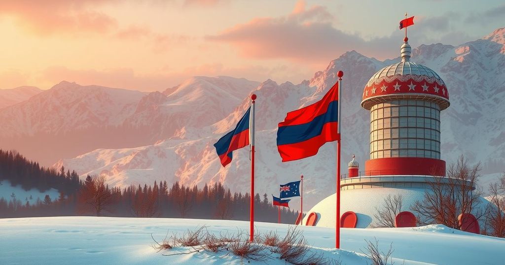 A North Korean landscape showcasing solidarity with Russia, featuring symbols of alliance in a harmonious color scheme.