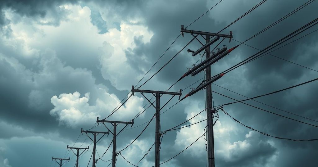 A storm-ready power infrastructure with sturdy poles and wires under a cloudy sky.